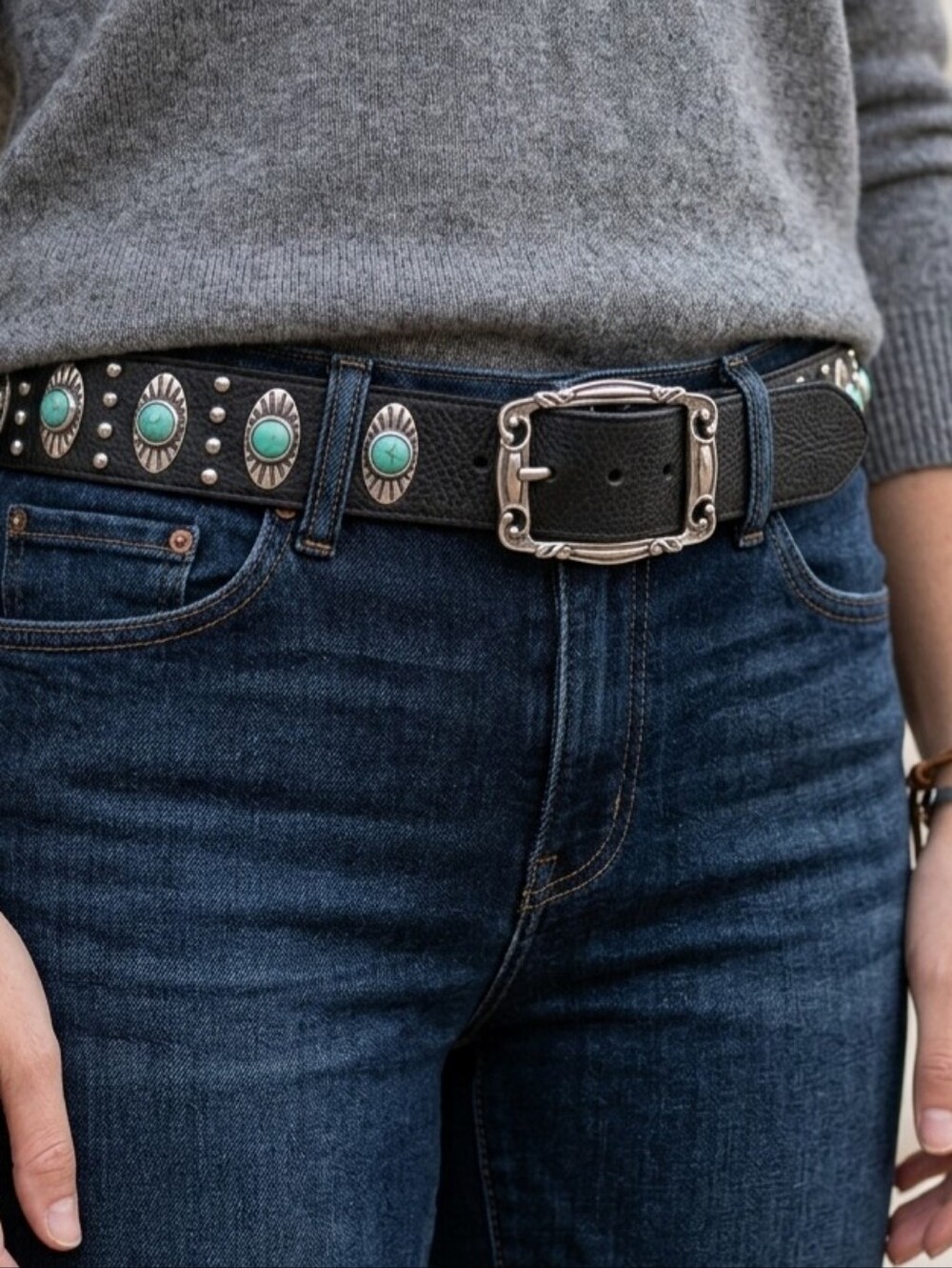 3D Western Studded Leather Belt Women's Size Small Turquoise Faux Stones - Picture 1 of 8